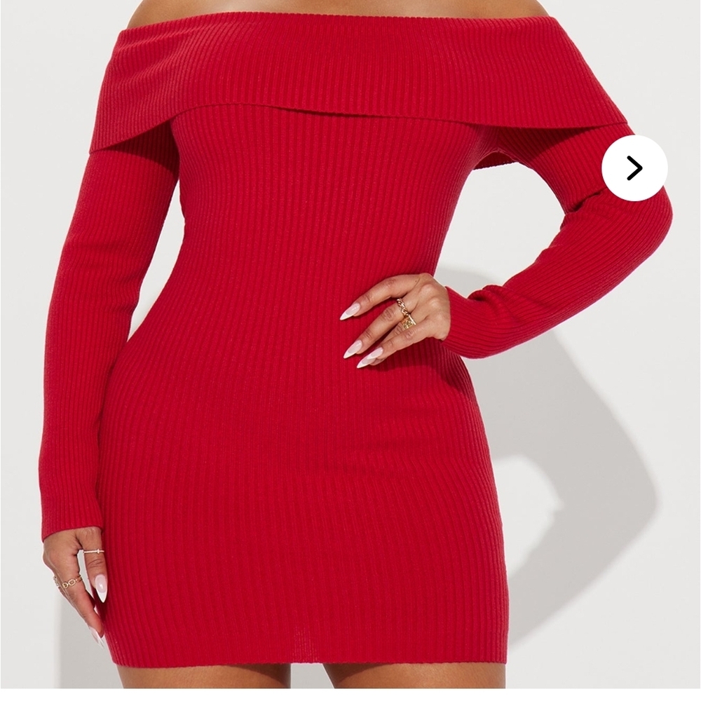 New Off-Shoulder Ribbed Red Sweater Dress